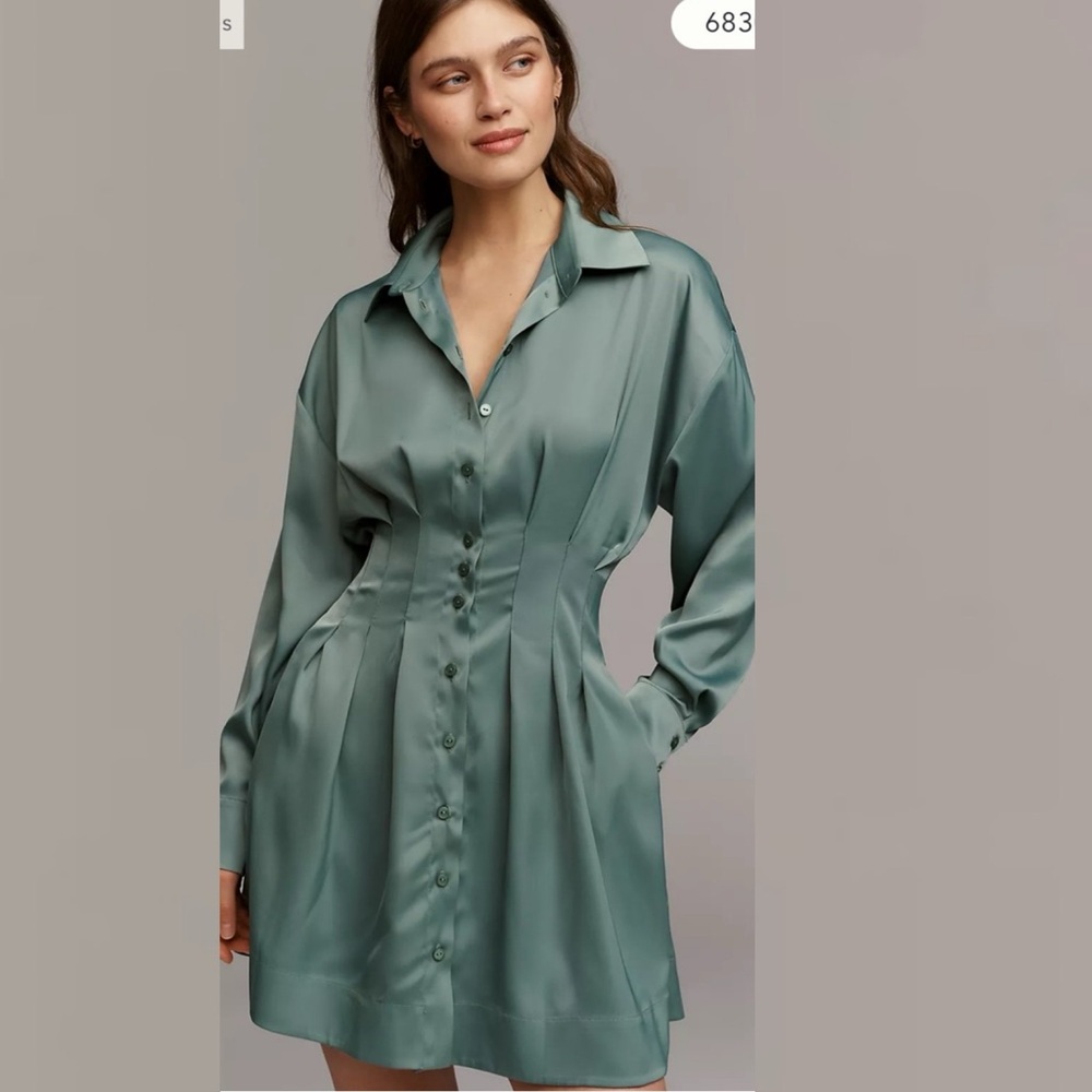 NWT Exquise Tobie Green Button-Front Satin Shirt Dress Teal Anthropologie